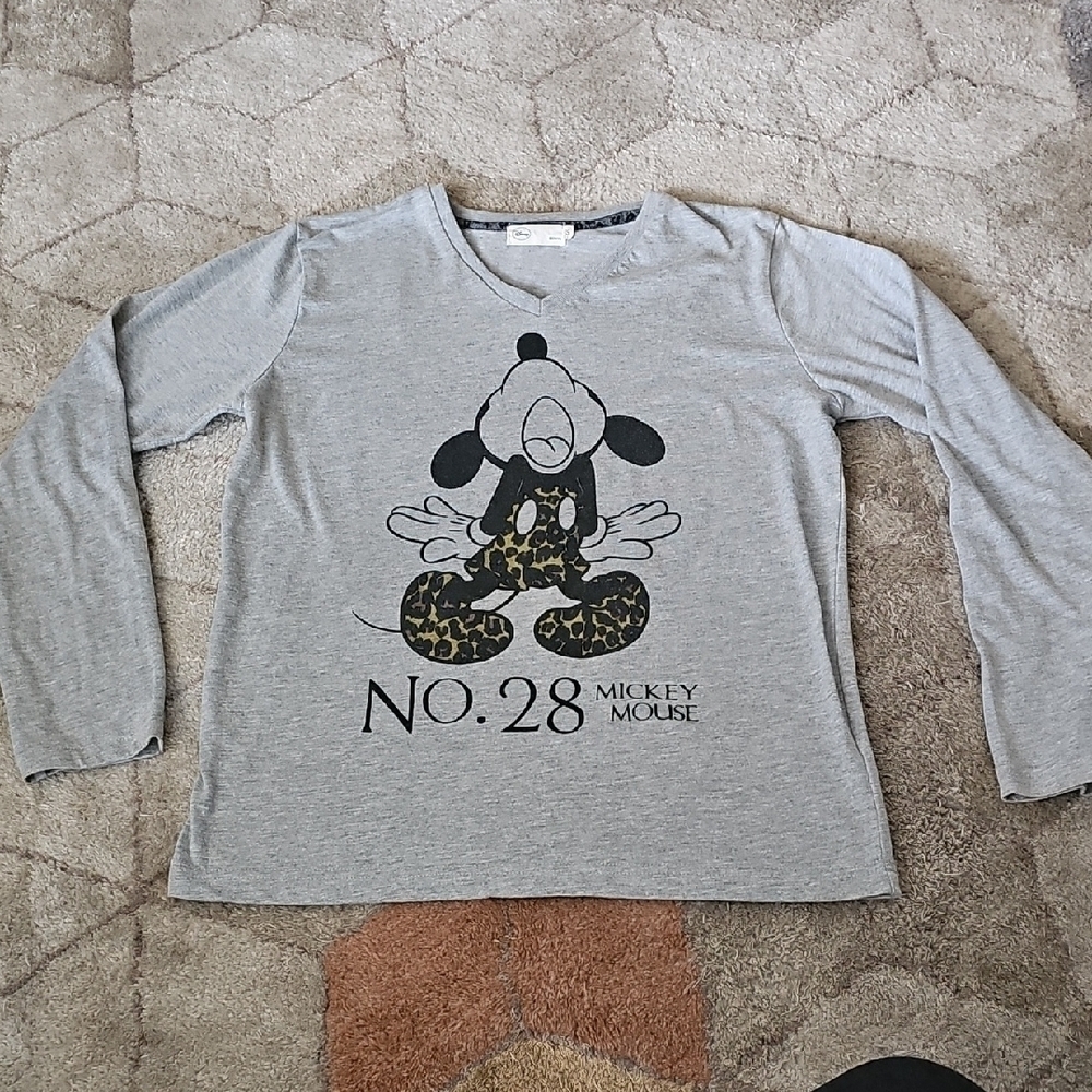 Gray Long Sleeve Tee with Mickey Mouse Graphic